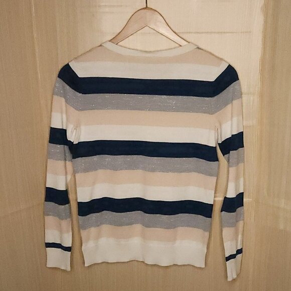 Loft Teal Pink Silver Striped Lightweight Sweater Small - Picture 2 of 5